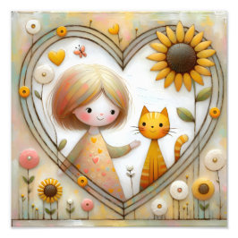 Sweet Girl and Ginger Cat with Sunflowers フォトプリント