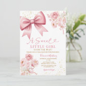 Sweet Girl Pink Bow Coquette Baby Shower Floral 招待状 (スタンド正面)