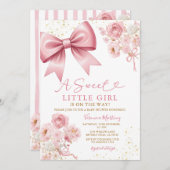 Sweet Girl Pink Bow Coquette Baby Shower Floral 招待状 (正面/裏面)