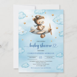 Sweet gold airplane bear theme boy baby shower  招待状