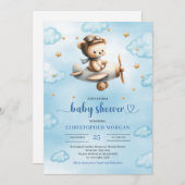Sweet gold airplane bear theme boy baby shower  招待状 (正面/裏面)