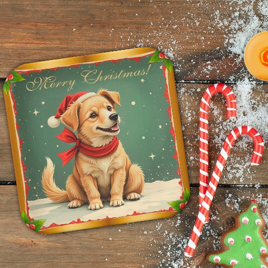 Sweet Golden Retriever Puppy Christmas ペーパープレート
