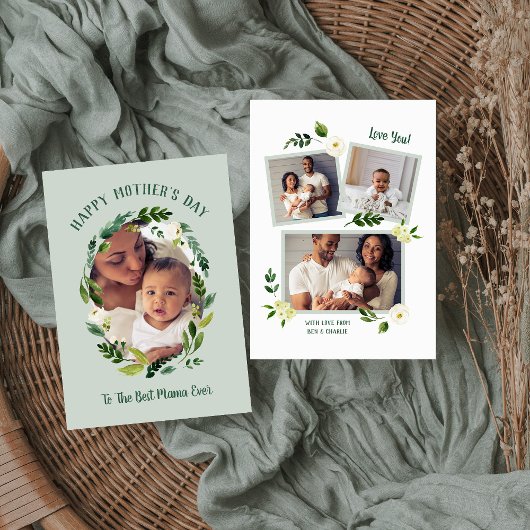 Sweet Greenery Mother's Day Photo Card for Mom カード