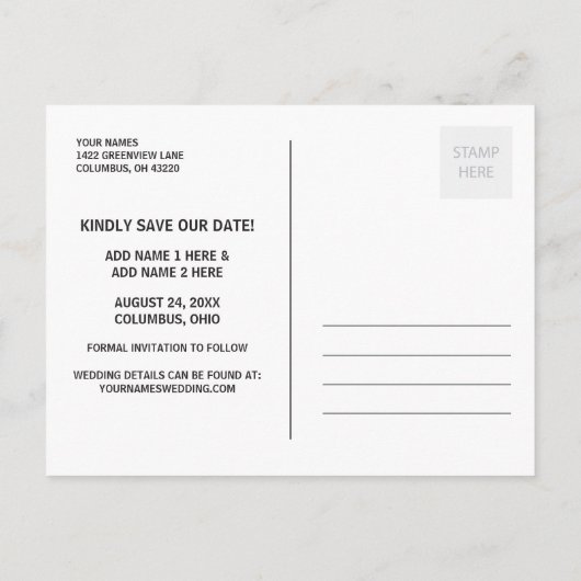 Sweet Hand Letteredタイポグラフィ写真Save the Date 案内ポストカード (裏面)