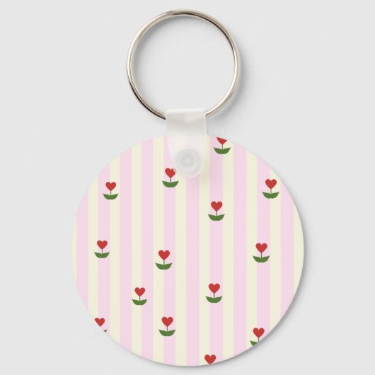 Sweet Heart Flower Pattern – Soft Pink Striped  キーホルダー (正面)