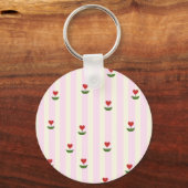 Sweet Heart Flower Pattern – Soft Pink Striped  キーホルダー (正面)
