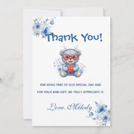 Sweet Heart Teddy Bear Blue Baby Shower  サンキューカード