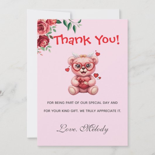 Sweet Heart Teddy Bear Pink Baby Shower  サンキューカード (正面)