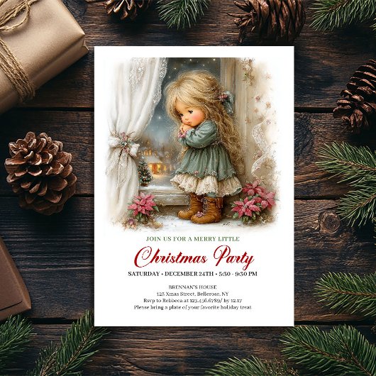 Sweet Holiday Scene Girl Classic Christmas Invite 招待状