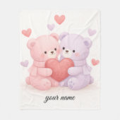 Sweet Hugs & Hearts: Soft Watercolor Cuddling Bear フリースブランケット (正面)
