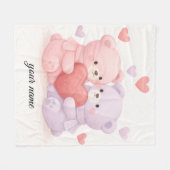 Sweet Hugs & Hearts: Soft Watercolor Cuddling Bear フリースブランケット (正面(横))