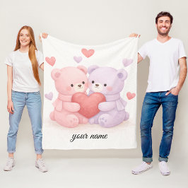 Sweet Hugs & Hearts: Soft Watercolor Cuddling Bear フリースブランケット