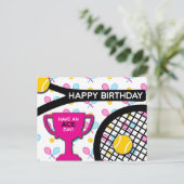 Sweet I love tennis pink and blue tennis誕生日 ポストカード (スタンド正面)