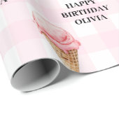 Sweet Ice Cream Birthday Pink Gingham Custom Name ラッピングペーパー (ロールコーナー)