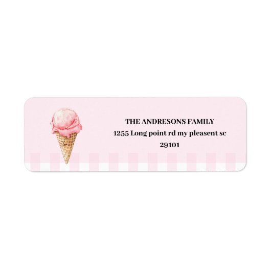 Sweet Ice Cream Cone Pink Gingham Birthday  ラベル (正面)