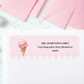 Sweet Ice Cream Cone Pink Gingham Birthday  ラベル