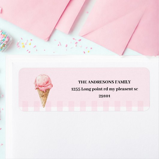 Sweet Ice Cream Cone Pink Gingham Birthday ラベル