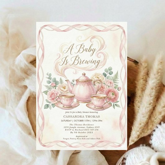 Sweet Is Brewing Blush Floral Baby Shower Tea 招待状