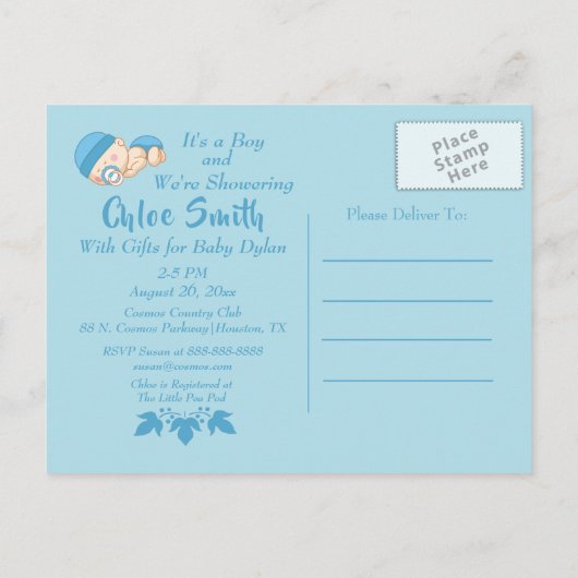 Sweet "It's A Boy"赤ちゃんシャワー葉書招待状 インビテーションポストカード (裏面)