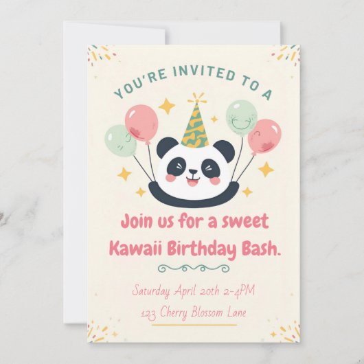 Sweet Kawaii Panda Birthday Bash Invitation 招待状 (正面)