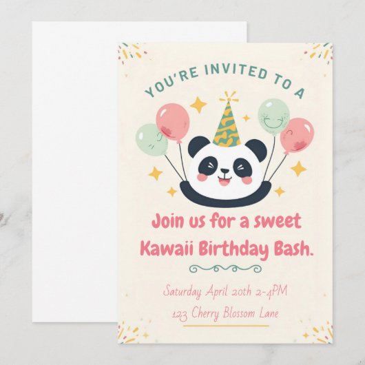 Sweet Kawaii Panda Birthday Bash Invitation 招待状 (正面/裏面)