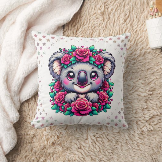 Sweet Koala with Pink Rose Wreath  クッション (ブランケット)