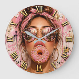Sweet Life Donut Luxury Fashion Woman Portrait ラージ壁時計