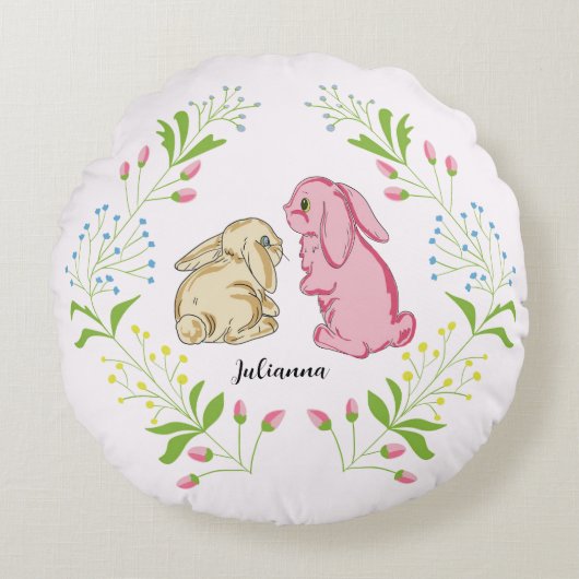 Sweet Light Pink Bunny Wreath Round Pillow ラウンドクッション (正面)