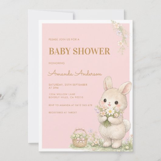 Sweet Little Bunny Floral Baby Shower 招待状 (正面)