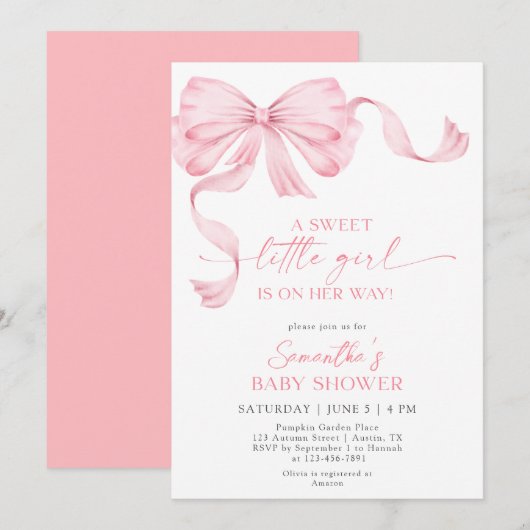 Sweet Little Girl Coquette Bow Ribbon Baby Shower 招待状 (正面/裏面)