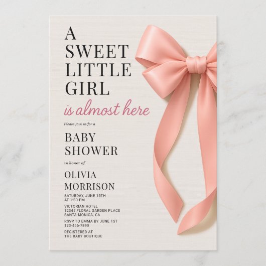Sweet Little Girl is Almost Here Bow Baby Shower 招待状 (正面)