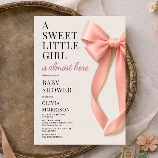 Sweet Little Girl is Almost Here Bow Baby Shower 招待状