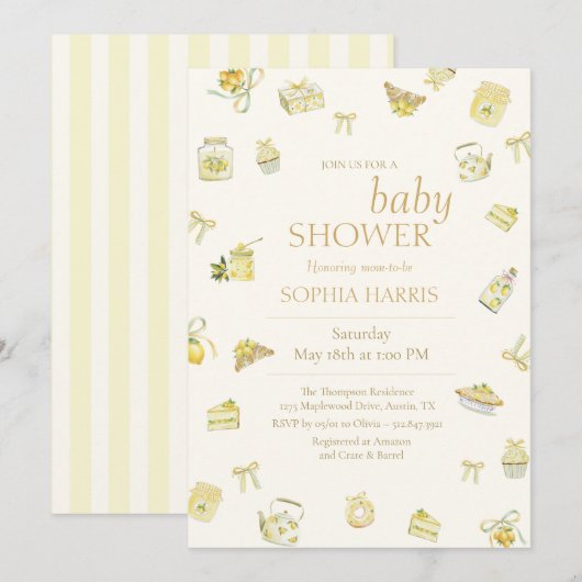 Sweet Little Lemon Watercolor Baby Shower 招待状 (正面/裏面)