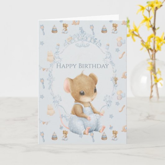 Sweet Little Mouse Birthday Folded Greeting Card カード (黄色い花)