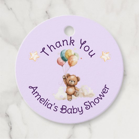 Sweet Little One on the Way Lavender Baby Shower フェイバータグ (正面)