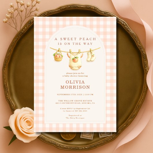 Sweet Little Peach Clothesline Gingham Baby Shower 招待状