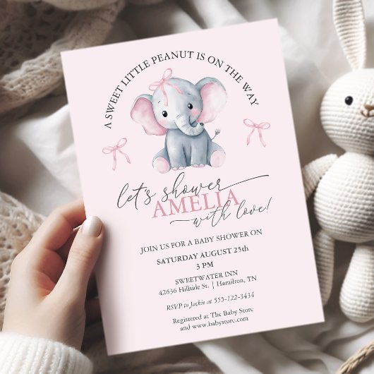 Sweet Little Peanut Elephant Baby Girl Shower 招待状