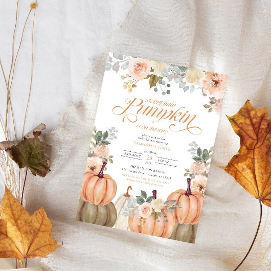 Sweet Little Pumpkin ピンクの花柄の秋のベビーシャワー 招待状
