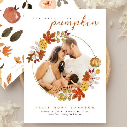Sweet Little Pumpkin Photo Fall Baby Announcement 案内状