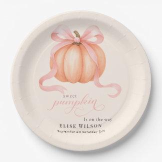 Sweet Little pumpkin pink bow is on the way ペーパープレート