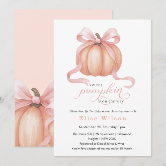 Sweet Little pumpkin pink bow is on the way  招待状 (正面/裏面)