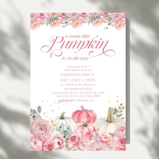 Sweet Little Pumpkin Pink Floral Fall Baby Shower 招待状