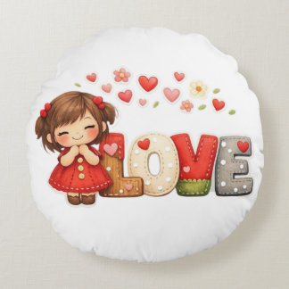 Sweet "LOVE" ハートとちびガール スロー枕 ラウンドクッション