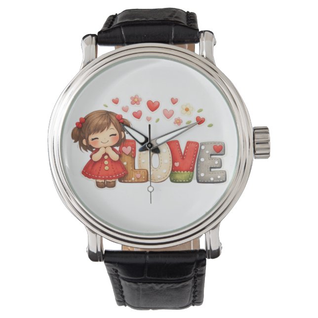 Sweet "LOVE" Heart & Chibi Girl  腕時計 (正面)