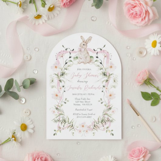 Sweet Meadow Bunny Wildflower Ribbon Baby Shower 招待状