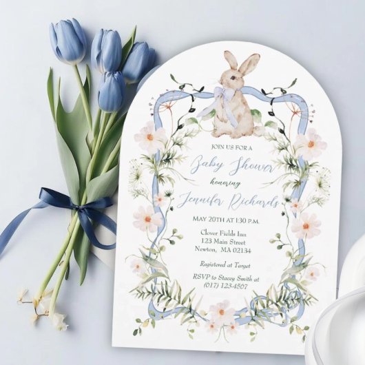 Sweet Meadow Bunny Wildflower Ribbon Baby Shower 招待状