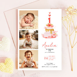 Sweet Modern 1st Birthday Invitation Photo Collage 招待状