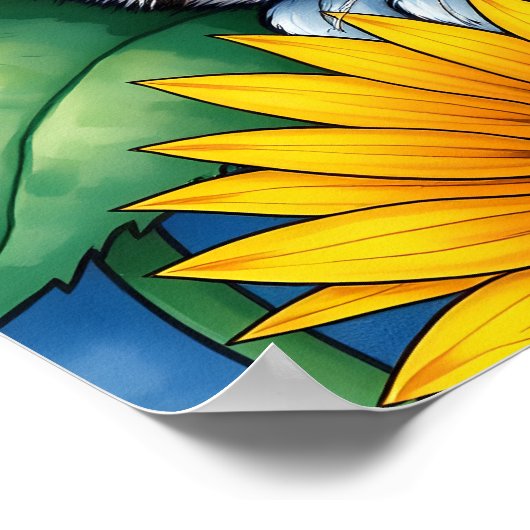 Sweet Napping Gray Cat and Sunflower ポスター (角)