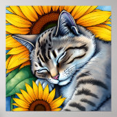 Sweet Napping Gray Cat and Sunflower ポスター (正面)