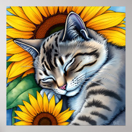 Sweet Napping Gray Cat and Sunflower ポスター